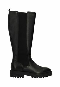Black knee-high boots featuring a leather upper, elastic side panels, and a rugged tread sole for traction. Zipper closure at the back.