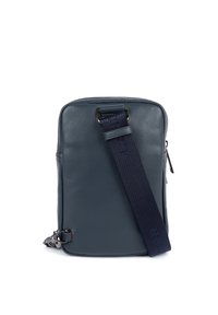 Borsa crossbody in pelle blu scuro con forma rettangolare, dotata di una tracolla in tessuto, zip superiore e sottili dettagli di cucitura.
