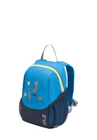 Blauwe kinder rugzak met een gele rits, grijze gaas zijzak en dierenafbeeldingen. Heeft een handvat bovenop en verstelbare schouderbanden.