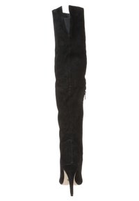 Bottes cuissardes en daim noir avec un bout pointu et un talon aiguille. Elles présentent une fente avant et une fermeture éclair sur le côté.