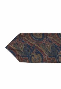 Marinblå slips med intrikat paisleymönster som har röda, gröna och gyllene accenter. Tillverkad av siden, den har en mjuk textur och spetsig ände.