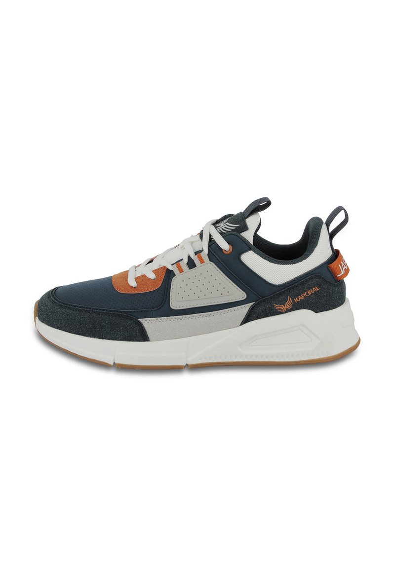Sneakers featuring a navy blue mesh upper, gray suede accents, white midsole, and orange logo details. Thick rubber outsole for traction.
