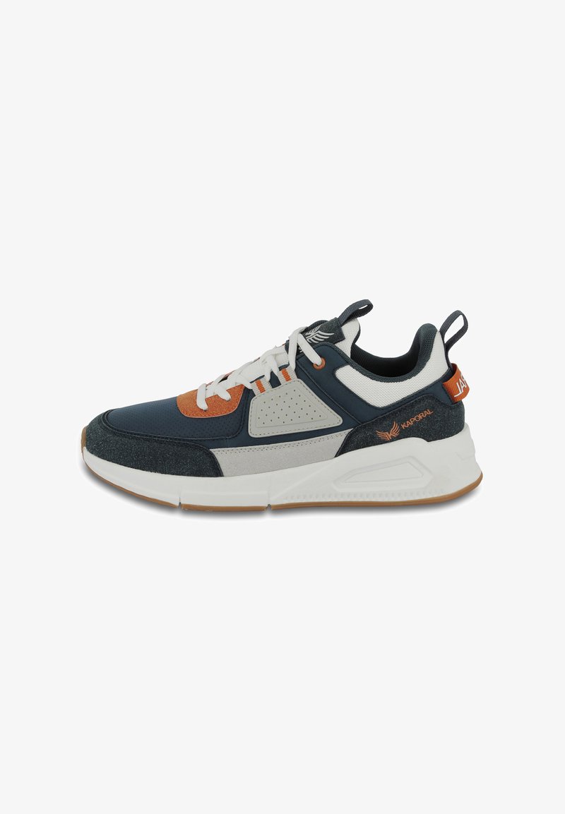Sneakers featuring a navy blue mesh upper, gray suede accents, white midsole, and orange logo details. Thick rubber outsole for traction.