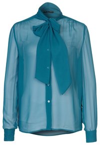 Blusa trasparente color teal con colletto a cravatta, maniche lunghe e chiusura con bottoni. Texture liscia con un design leggero e fluido.
