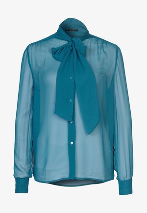 Cyaan, transparante blouse met een strik kraag, lange mouwen en knoopsluiting. Glad textuur met een lichte, vloeiende pasvorm.