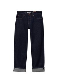 Jean pour homme bleu foncé à jambes droites avec ourlets retroussés, rivets en cuivre, style cinq poches, et fermeture par bouton.