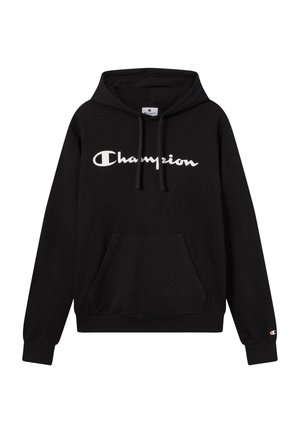 Czarna bluza z kapturem i kieszenią z przodu, z białym logo "Champion" na piersi oraz ściągaczami na rękawach. Miękka faktura tkaniny.