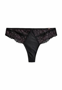 Black thong with a central panel made of smooth fabric and lace trim featuring a wave pattern. Scalloped edges along the waistband.