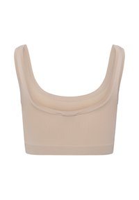 Beige saumaton bralette dengan tali lebar dan leher bulat. Kain yang licin dan elastis dengan siluet cropped dan tanpa jahitan yang terlihat.