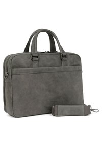 Borsa per laptop grigia realizzata in materiale testurizzato, dotata di due manici superiori, chiusura a zip e una tracolla rimovibile con dettagli in metallo.
