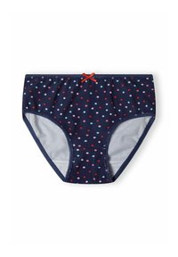 Tumši zili sieviešu apakšbikses ar daudzkrāsainiem punktiem, ar mazu sarkano lentīti jostas vietā un gludu tekstūru.