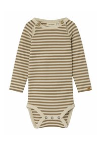 Tutina a maniche lunghe beige e marrone a righe. Realizzata in tessuto morbido con bottoni a pressione sulla spalla e sul fondo. Bordo color crema.