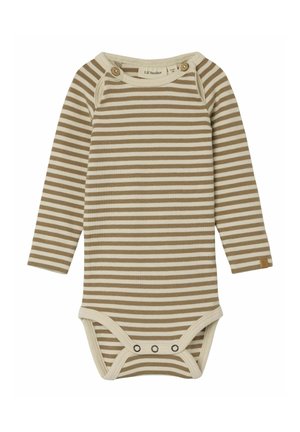 Tutina a maniche lunghe beige e marrone a righe. Realizzata in tessuto morbido con bottoni a pressione sulla spalla e sul fondo. Bordo color crema.