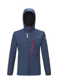 Veste en softshell bleu marine avec capuche, fermeture éclair à l'avant, accents rouges et une poche sur la poitrine. Dispose d'un design élégant et ajusté avec des manches longues.