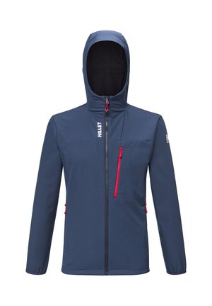 Navy softshell jacket with a hood, front zipper, red accents, and one chest pocket. Features a sleek, fitted design and long sleeves.