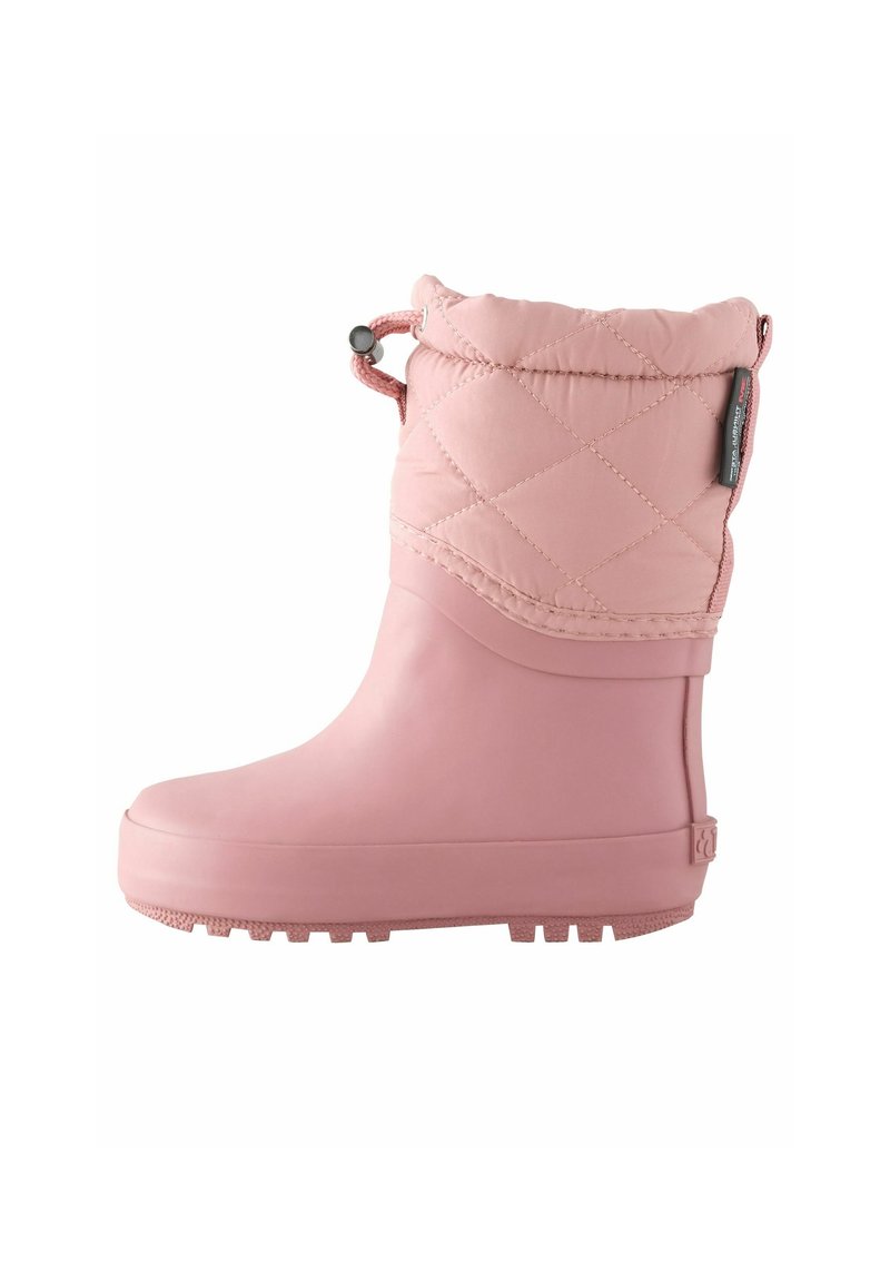 Botte d’hiver en caoutchouc rose pour enfant avec partie supérieure matelassée et fermeture à cordon réglable en haut.