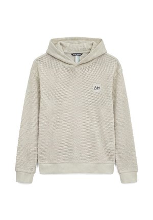 Felpa beige in mesh manica lunga con logo patch frontale, polsini e orlo a costine e cappuccio con etichetta all’interno del collo.