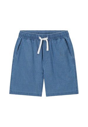 Short bleu avec des rayures verticales blanches, taille élastique et cordon blanc, avec des poches latérales.