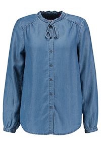 Sininen pitkähihaisen farkkupaita, jossa on napitettava etuosa ja pyöreä kaula-aukko, jossa on solmittu nauhadetail.