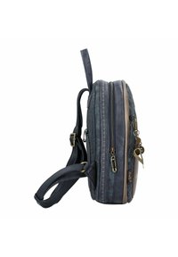 Ein dunkelblauer, gestepptes Rucksack mit rechteckiger Form, der über zwei Reißverschlussfächer und bronzefarbene Hardware-Details verfügt.