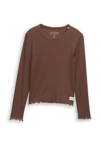 Bruine lange mouwen top met een geribbelde textuur, ronde halslijn en geschulpte zoom. Beschikt over een klein label op de onderste naad.
