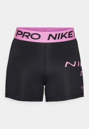 Calções atléticos pretos com um cós rosa apresentando o texto "NIKE PRO" e um logótipo rosa. Feitos de um tecido elástico e que afasta a humidade.