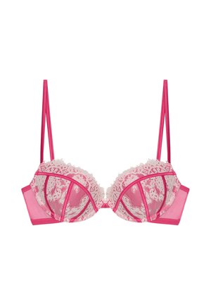 Soutien-gorge rose en dentelle avec des bonnets en mesh transparent, ornés de motifs floraux et une bande satinée lisse. Dispose de bretelles réglables et d'une fermeture à crochets.