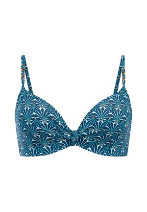 Niebieski wzorzysty top od bikini z regulowanymi ramiączkami z detalami w postaci złotych łańcuszków, wyściełanymi miseczkami i marszczonym środkiem z przodu.