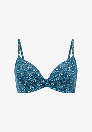 Niebieski wzorzysty top od bikini z regulowanymi ramiączkami z detalami w postaci złotych łańcuszków, wyściełanymi miseczkami i marszczonym środkiem z przodu.