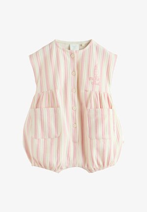 Pasztell rózsaszín és fehér csíkos pamut overall rövid ujjakkal, gombos elülső résszel, két elülső zsebbel és hímzett mintával.