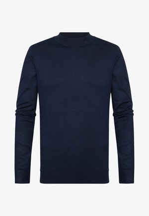 Pull bleu marine à manches longues avec col rond et poignets et ourlet côtelés, présenté sur un fond blanc.