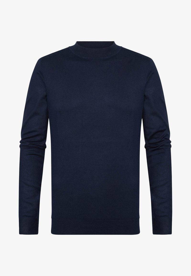 Granatowy sweter z długimi rękawami, o okrągłym dekolcie oraz ściągaczami przy mankietach i dole, prezentowany na białym tle.