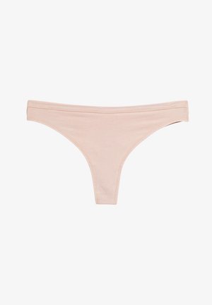 Tanga rosa chiaro realizzato in tessuto morbido, con un design senza cuciture e copertura ridotta. Costruzione semplice senza pattern o accenti.