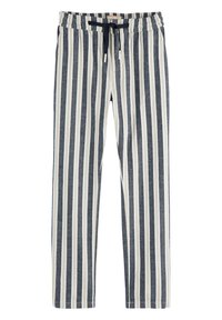 Pruhované pohodlné kalhoty s elastickým pasem a šňůrkou, s alternativními tmavě modrými a krémovými vertikálními pruhy. Materiál: bavlna.