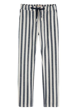 Randiga loungbyxor med ett elastiskt midjeband och dragsko, som har växlade vertikala ränder i marinblått och krämvitt. Tillverkade av bomull.