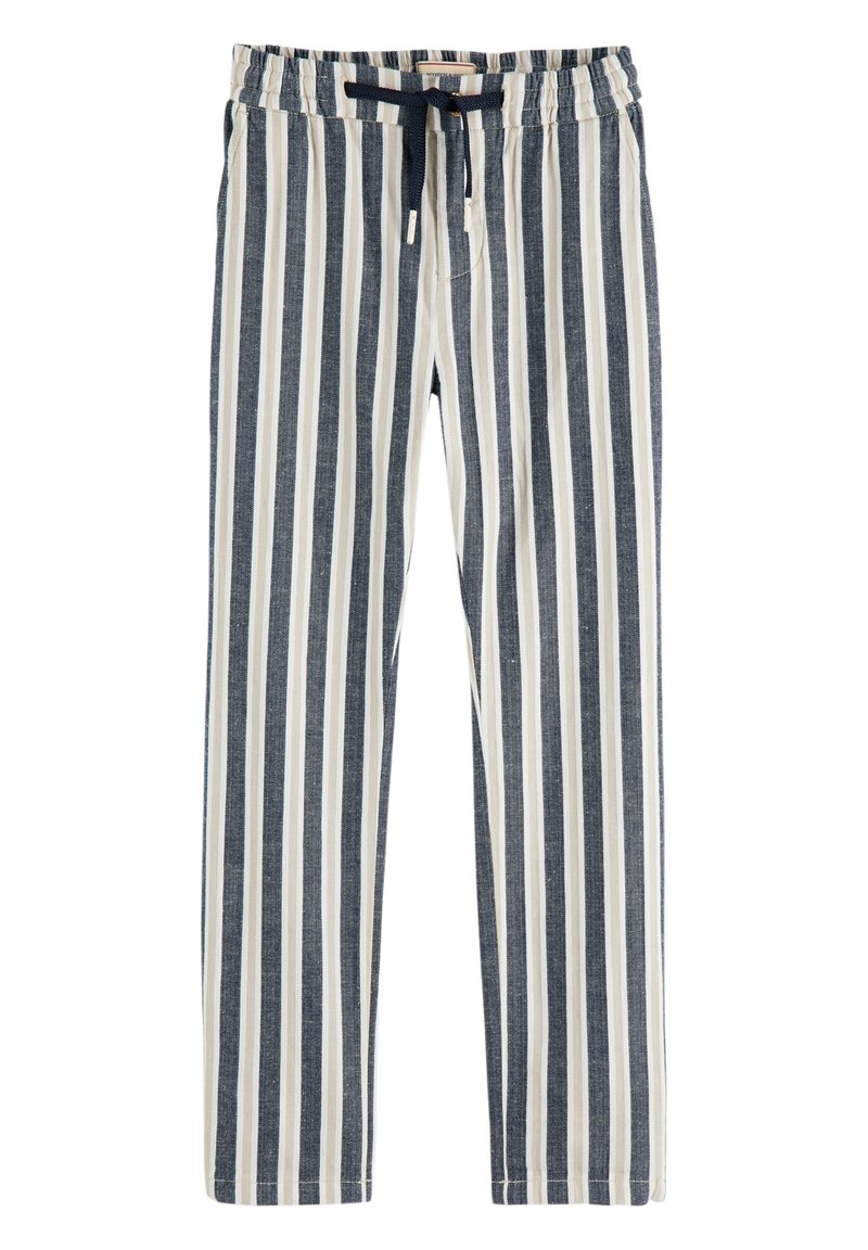 Pruhované pohodlné kalhoty s elastickým pasem a šňůrkou, s alternativními tmavě modrými a krémovými vertikálními pruhy. Materiál: bavlna.