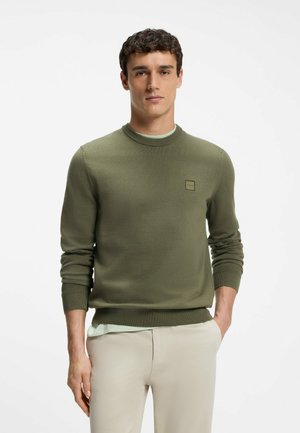 Mann trägt einen olivgrünen Rundhalspullover mit kleinem Logo auf der Brust, beige Hose und ein hellgrünes Unterhemd, steht vor weißem Hintergrund.