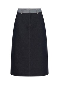 Dark blue denim A-line skirt with light blue waistband and belt loops, featuring contrast stitching and front seam detail.