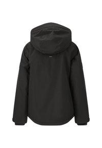 Zwarte waterdichte jas met een capuchon, lange mouwen, een gladde textuur en een afgeronde zoom. Heeft minimale branding op de achterkant bij de nek.