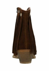 Bruine suède enkellaars met franjes, een ronde neus en een gestapelde hak. Voorzien van een zijrits en decoratieve knopen.