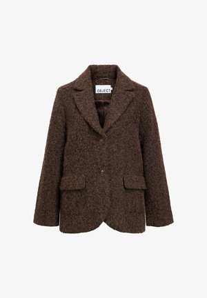 Blazer in misto lana marrone con superficie testurizzata, rever a punte, due tasche frontali e chiusura a un bottone. Interno foderato.