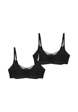 Black bras with adjustable straps, smooth fabric, and mesh detailing at the center; feature underwire and a contoured shape. Two-pack.