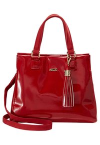 Borsa a mano in pelle verniciata rossa con manici doppi, hardware dorato e un lungo drappo decorativo; include una tracolla rimovibile.