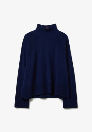 Navyblauw coltrui met ribbeltextuur, raglanmouwen en een relaxte pasvorm met omgeslagen mouwen en zoom.