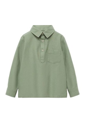 Polo cu mâneci lungi, din bumbac verde deschis, cu guler, închidere cu nasturi și buzunar pe pieptul stâng. Design simplu și versatil.