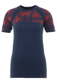 Marinblå kortärmad skjorta med röd abstrakt blommönster på axlarna. Sl ät textur, rund halsringning och figursydd design.