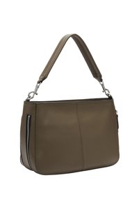 Olivengrüne Ledertasche mit strukturiertem Design, Obergriff und seitlicher Reißverschlusstasche mit silbernem Zubehör. Glatte Oberfläche und genähte Details.