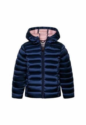 Veste matelassée à capuche bleu marine avec quilting horizontal et doublure intérieure rose clair, fermeture éclair avant, conçue pour les enfants.