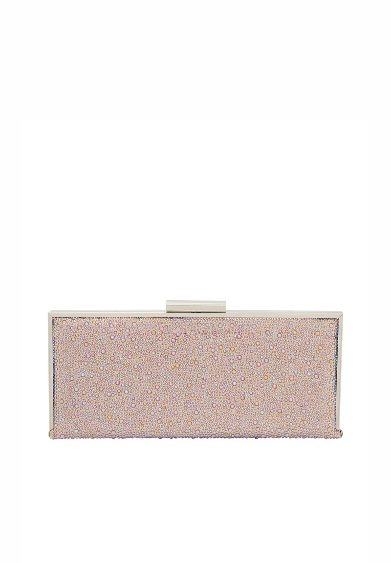 Rosenfarvet metallisk clutch med en glat overflade, udsmykket med iriserende perler, rektangulær form og en sølv lås.