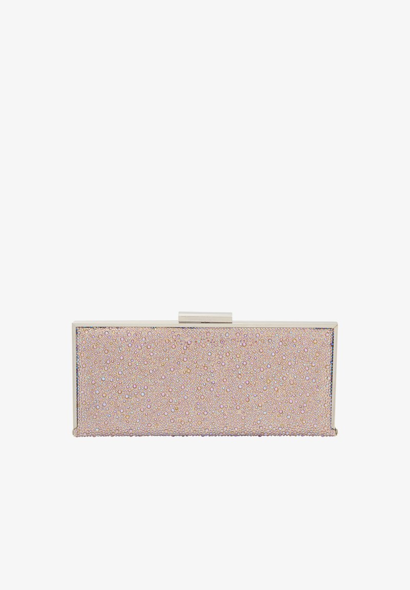 Rosenfarvet metallisk clutch med en glat overflade, udsmykket med iriserende perler, rektangulær form og en sølv lås.